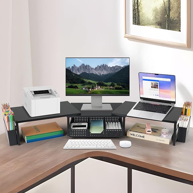 OPNICE Wood Desk Organizers and Accessories, Dual Monitor Stand Riser with Drawer and 2 Pen Holders, Desk Shelf Computer Racks for Office Workspace Organizers, Desktop Organization (Black)