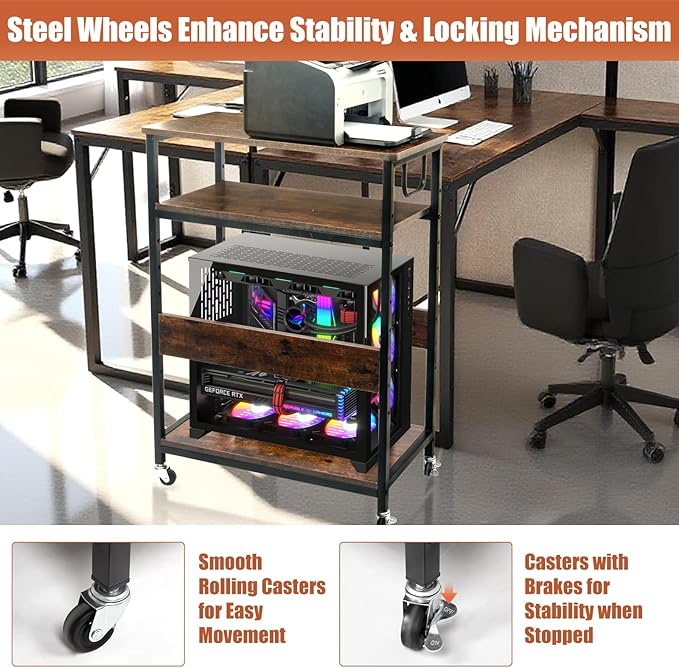 Extra Large Height Adjustable Computer Tower Stand, Computer & Machine Carts, PC Tower Stand, Printer Stands with Steel Wheels, Holds Up to 110 lbs (Fits 11" D x 22" W x 24.5" H Towers)