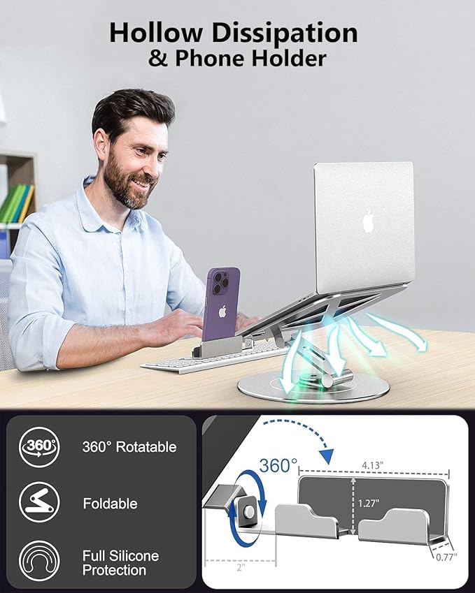 Adjustable 10-17.3" Laptop Stand for Desk with Larger Base & Phone Holder, Aluminum Desktop Organizer for Laptops, Ergonomic Laptop Riser Fits MacBook, HP, Dell, All Laptops