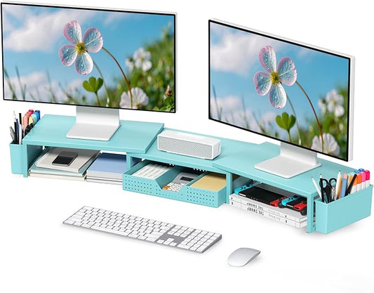 OPNICE Desk Organizers and Accessories, Dual Monitor Stand Riser with Drawer and 2 Pen Holders, Desk Shelf Metal Computer Monitor Stand for Office Workspace Organizers, Desktop Organization (Blue)