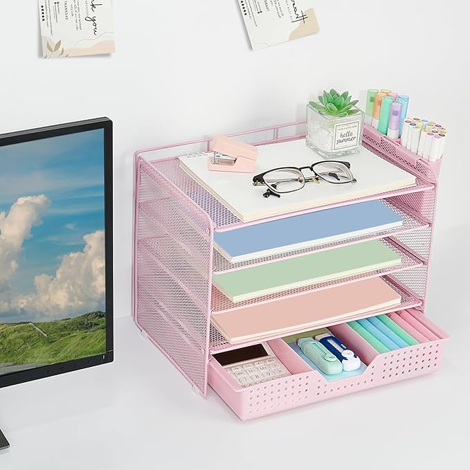 Desk Organizer and Accessories, 5-Tier Paper Letter Tray Organizer with Drawer & 2 Pen Holders for Desktop File Organization, Office Desk Accessories for Supplies Storage (Pink)