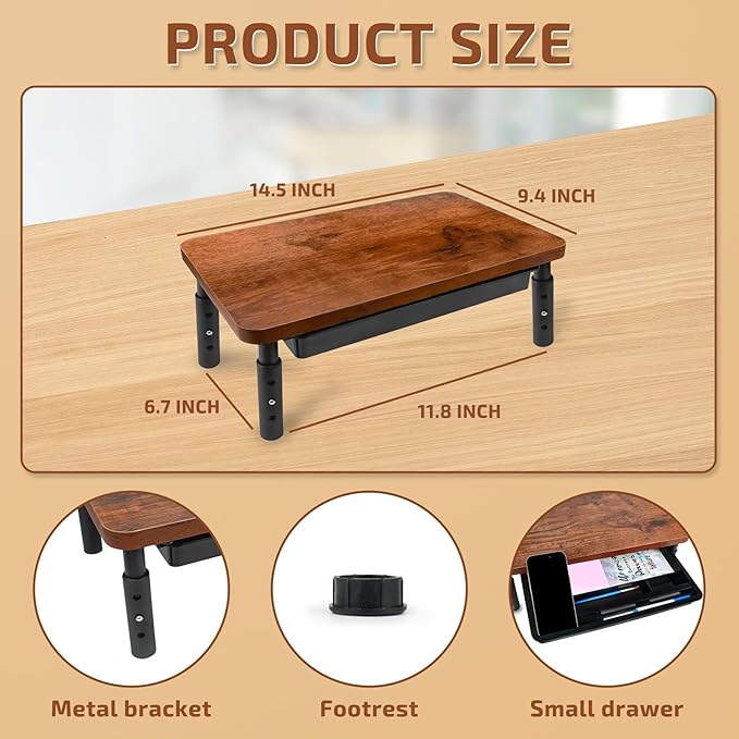 Monitor Stand, Rich Brown Monitor Riser, Monitor Stand for Desk, Stand Monitor, Solid Wood & Metal Computer Monitor Stand, Ergonomic TV Riser Block, 1 Pack, Rich Brown, 14.5 Inch