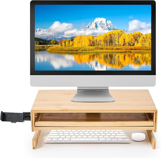 Monitor Stand Desk Top Organizer with Storage Drawer & Phone Holder,Bamboo Monitor Stand with Keyboard Tray, Wide Monitor Riser Non Slip Desk Riser