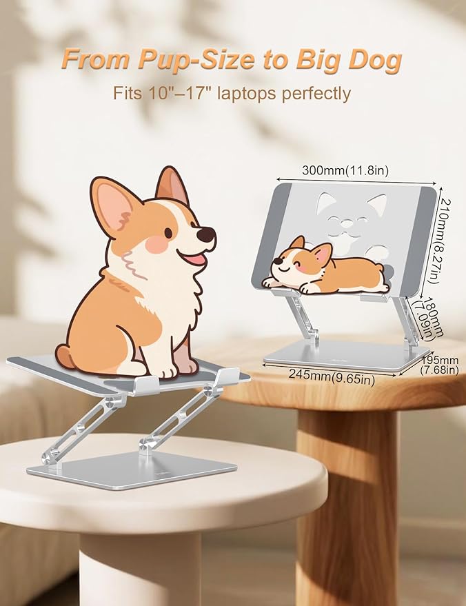Laptop Stand for Desk – Adjustable Portable Laptop Riser, Aluminum Laptop Holder Compatible with MacBook Air Pro, Dell, HP, Lenovo (10"-17.3"), Featuring Unique Puppy Panel Design, Silver