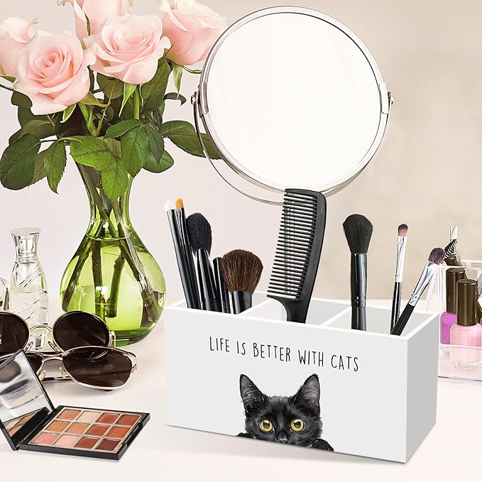 Black Cat Gifts Pen Pencil Holder for Desk, Funny Black Cats Lovers Gift Office Desk Accessories, Life Is Better with Cats Toothbrush Pen Holders Organizer for Women Bathroom Classroom Decor