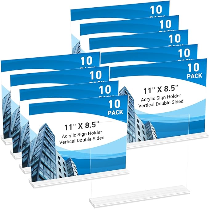 10 Pack Acrylic Sign Holder 11 x 8.5 Horizontal, Double-Sided Clear Sign Holder Plastic Stands for Display, T Shape Acrylic Table Sign Stands for Office Store Restaurants Wedding Party Decoration