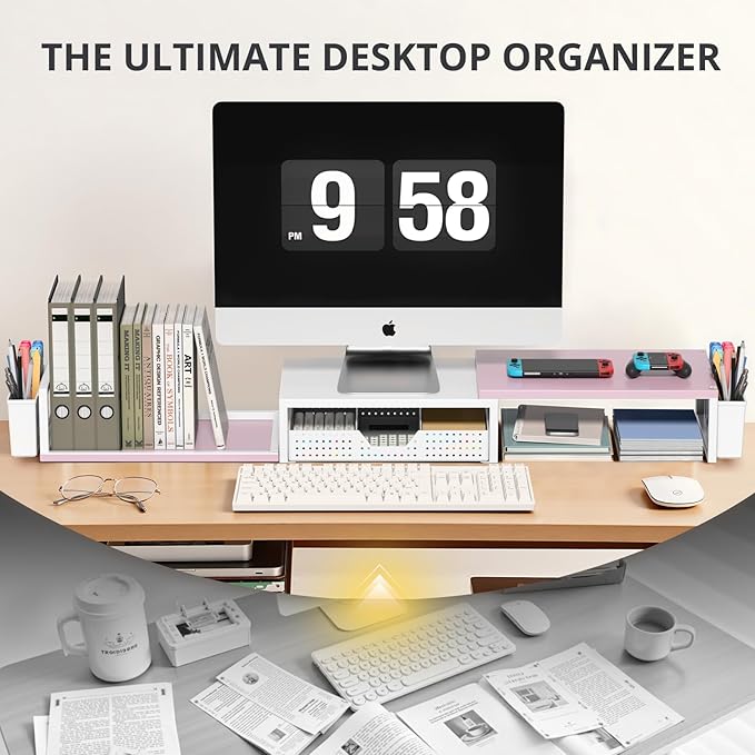 OPNICE Wood Desk Organizers and Accessories, Dual Monitor Stand Riser with Drawer and 2 Pen Holders, Desk Shelf Computer Racks for Office Workspace Organizers, Desktop Organization (Pink＆ White)