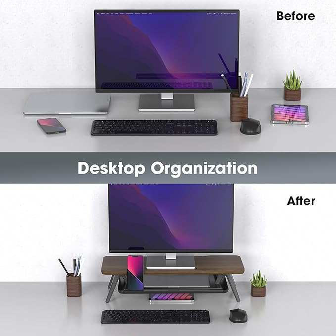 Fenge Monitor Stand, Monitor Stands Riser for Desk, 23.6 Inch Wood Desk Shelf with Storage Organizer and Cable Management for Office Desk Accessories