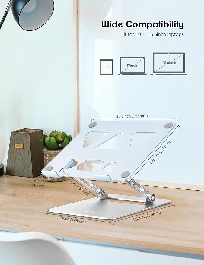Adjustable Laptop Stand for Desk,Portable Laptop Stand Holder and Riser,Foldable Aluminum Notebook Computer Stands for MacBook Air Pro HP Lenovo Dell Samsung, 10-15.6 inch (Sky Blue-Silver)