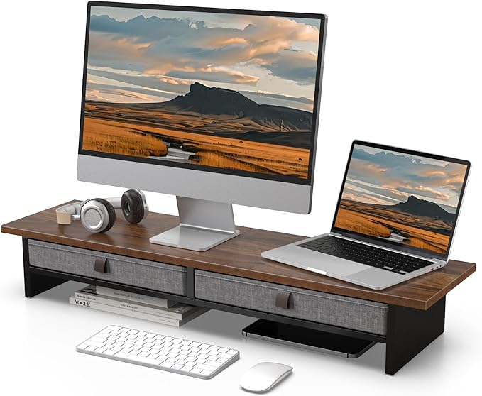 Fenge Monitor Stand with Drawer, 2 Tiers Dual Monitor Riser for Desk, 35 Inch Computer Stand for 2 Monitors, Desk Shelf for Home, Office, Laptop, PC, TV, Printer
