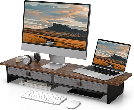 Fenge Monitor Stand with Drawer, 2 Tiers Dual Monitor Riser for Desk, 35 Inch Computer Stand for 2 Monitors, Desk Shelf for Home, Office, Laptop, PC, TV, Printer