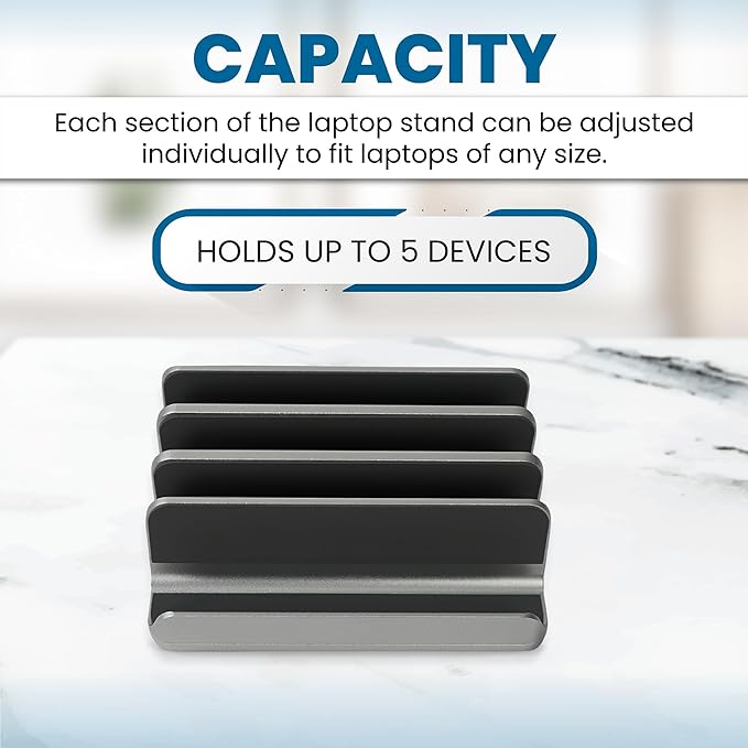 Elestoria 5- Slot Vertical Laptop Stand - Aluminum Laptop Stand Vertical for Desk - Fits MacBook Pro/Air, Surface, Mobiles & Gaming Laptops up to 17.3" - Heavy Duty Laptop Holder for Desk - (Black)