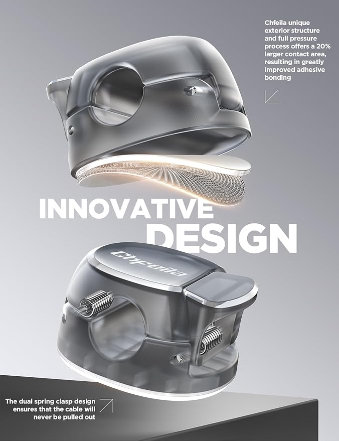 12Pack Cable Clips - Chfeila Latest Dual Spring Cord Organizer with Clasp Lock, [Max Stability] Desk Cable Management, Adhesive Phone Charging Wire Holder for Nightstand/Car/Wall, Office Accessory