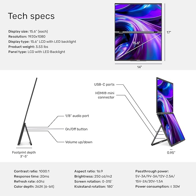 SideTrak Solo Book 15.6" Foldable Dual Screen Portable Monitor - FHD Portable Stacked Monitor, External Display for Laptop, Extender with Stacked Dual Monitors for Mac, PC, and Chromebook