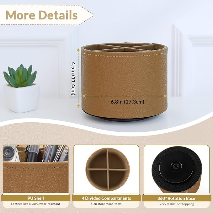 SKYDUE Rotating Pencil Pen Holder, PU Pen Organizer with 4 Slots - Desk Organizer and Accessories for School, Home, Office Supplies