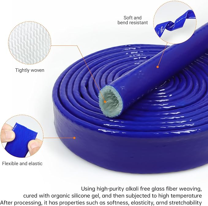 High Temp Fire Sleeve, Fiberglass Braided Heat Shield for Automotive Fuel Line & Wiring Harness, Silicone Coated Fireproof Protection Tube (Blue, 25mm(1")-3.3ft)
