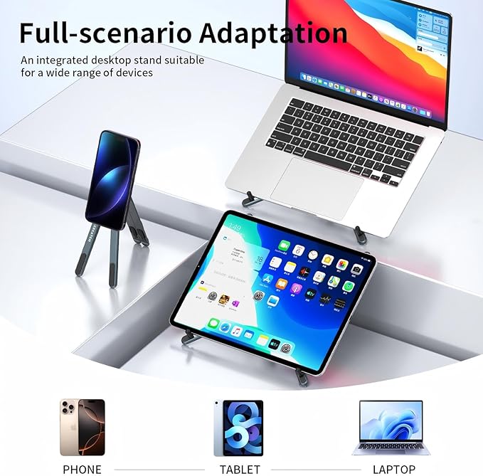 Adjustable Laptop Stand for Desk, MagSafe Compatible Portable Foldable Computer Riser for MacBook, iPhone, iPad, Tablet - Lightweight Aluminum, N52 Magnetic Grip, Perfect for Office, Home, Traveling
