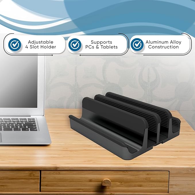 Elestoria 4- Slot Vertical Laptop Stand - Aluminum Laptop Stand Vertical for Desk - Fits MacBook Pro/Air, Surface, Mobiles & Gaming Laptops up to 17.3" - Heavy Duty Laptop Holder for Desk - Black