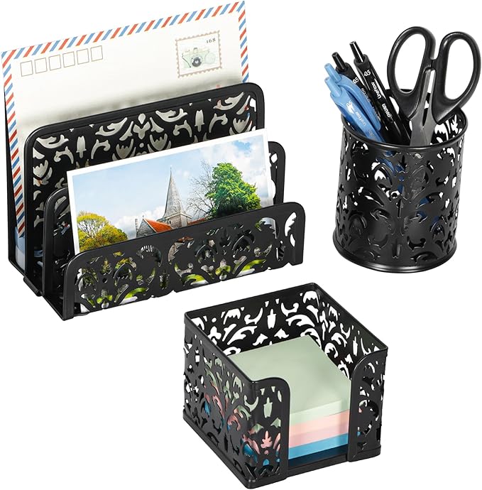EasyPAG Desk Organizers and Accessories 3 Pieces Office Organizer Set - Pen Holder for Desk, Mail Sorter Countertop and Sticky Note Holder, Black