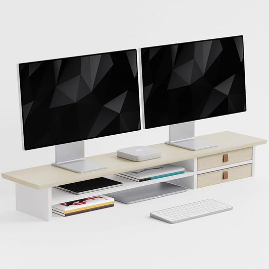 Dual‑Tier Monitor Stand Riser with Drawers, Desktop Organizer Shelf Storage for Computer Screen 2 Monitors, Supports for PC Computer Monitor, Printer, Heavy TV Riser Beige and White