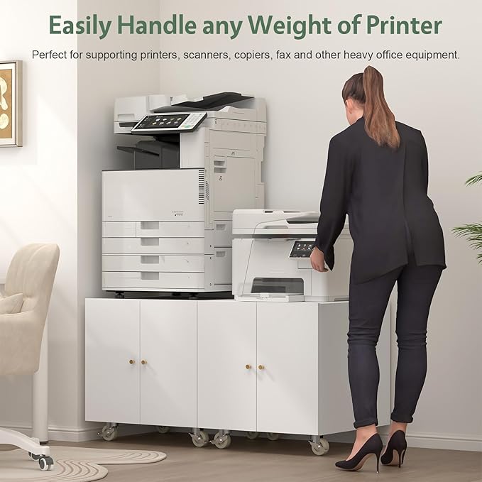 Metal Printer Stand, Rolling Table for Printers, Large 3D Printers Table with Storage, Office Printer Stand for Copier, Fax, Heavy Duty Stands with Shelf for School, Workplace, White