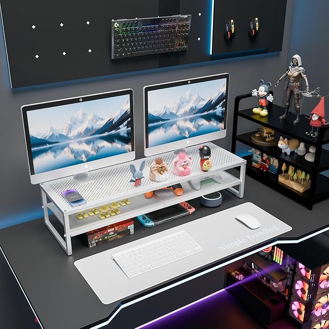 Simple Trending 2 Tier Metal Dual Monitor Stand Riser, Computer Office Desktop Organizer for 2 Monitors with 32"x10" Mouse Pad for Laptop, Printer, TV, White