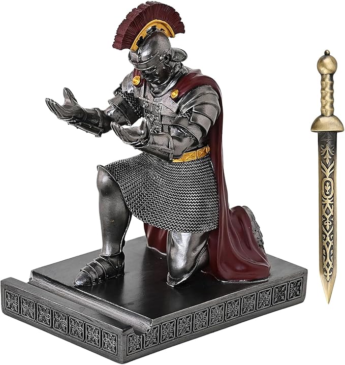 Roman Praetorian Prefect Warrior Knight Pen Holder Desk Ornament Resin Praetorian Guard Mobile Phone Stand Desk Accessories and Organizer for Office with a Letter Opener (Iron)