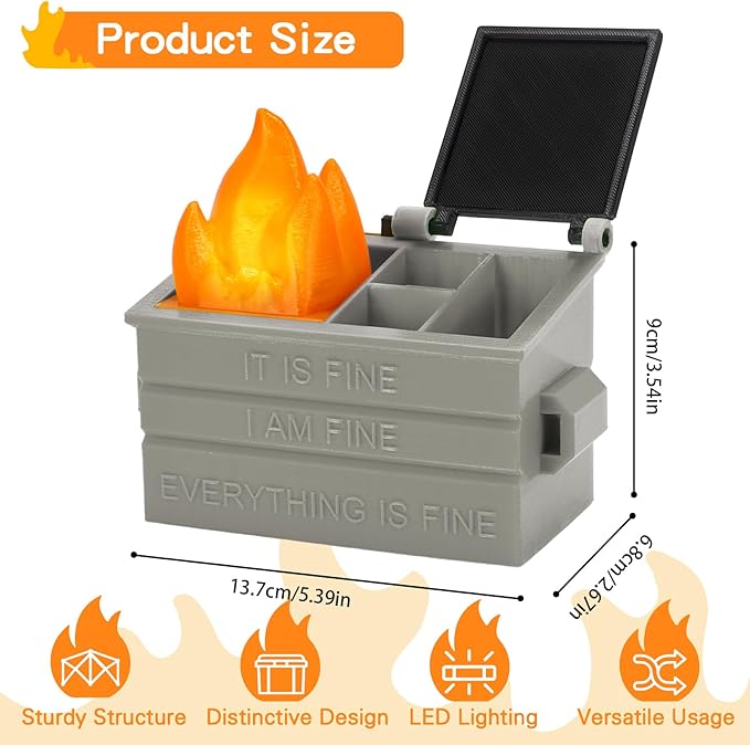 Dumpster Pencil Holder with Flame Light and Charging Port Dumpster Pen Holder Desk Accessories for Office Christmas Decor (Gray, 1P)