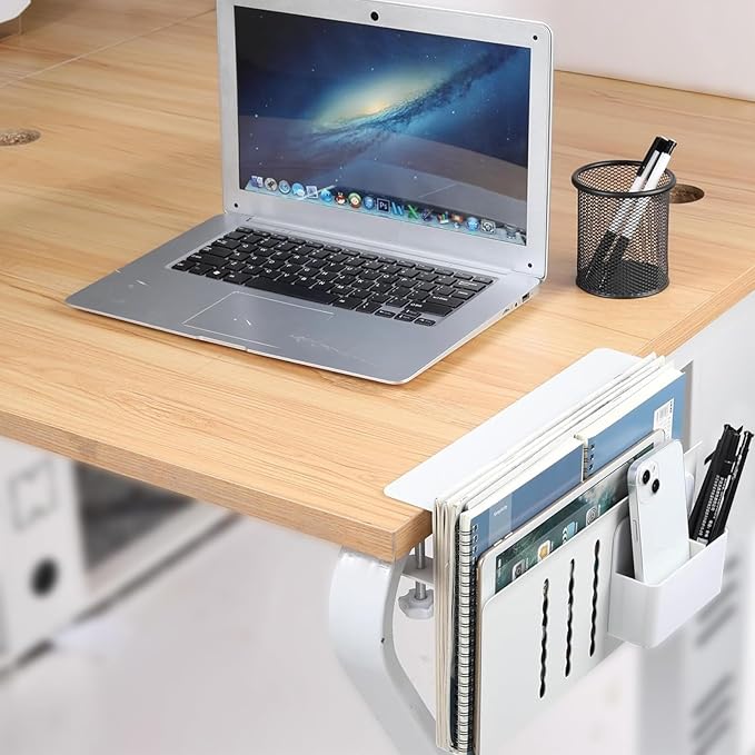 Desk Side Storage, Hanging Desk Organizer with Magnetic Pen Holder, No Drill Vertical Laptop Holder Fits Flat Edge 0.3" to 2.3"