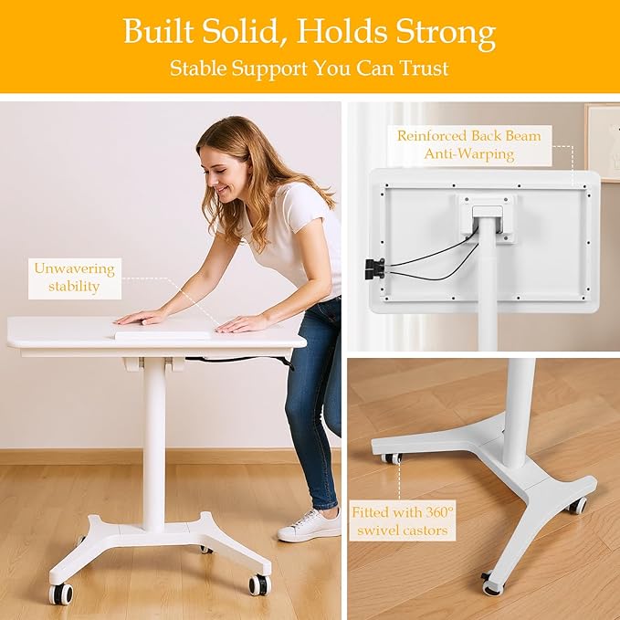Mobile Sit Stand Laptop Desk with Wheels - Height Adjustable Pneumatic Rolling Workstation, Foldable Solid Wood Home Office Table