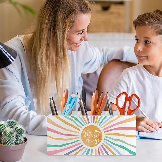 Boho Colorful Sunshine Pen Pencil Holder Organizer for Desk Accessories, Boho Classroom Decor, You Can Do Hand Things Inspirational Wooden Box Signs Decorations for Kids Room Desk Tabletop
