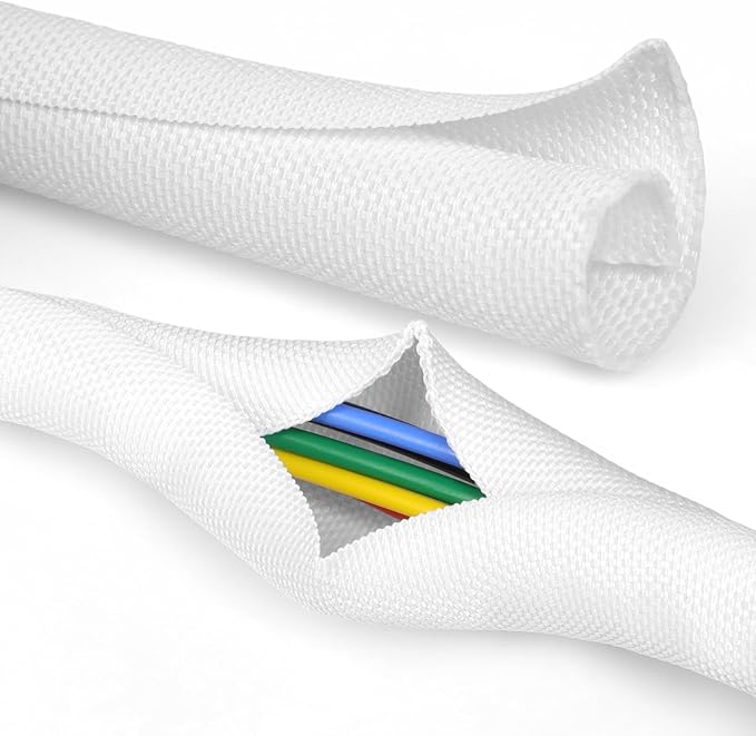 Split Braided Cable Sleeve，Flexible Wire Loom Tubing, Automotive Cord Protector Pet Proof, Cable Management for Computer TV Electric Wires Harness 16ft (White, 16mm（5/8")