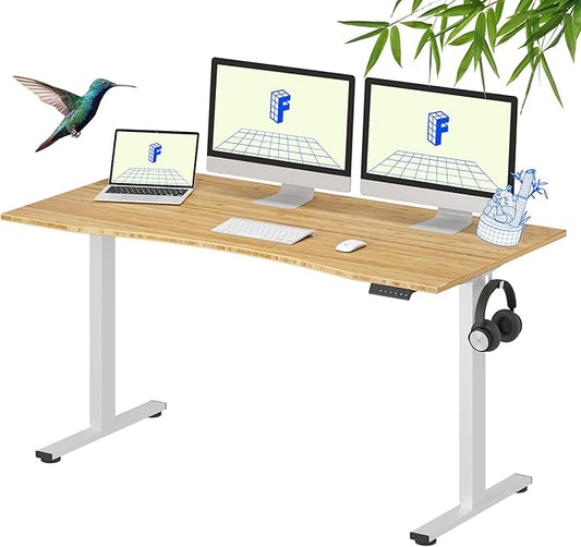 FLEXISPOT EN1 Bamboo Standing Desk, 60 x 30 Inches Whole-Piece Electric Adjustable Height Sit Stand Desk for Home Office (White Frame + Bamboo Curved Desktop, 2 Packages)