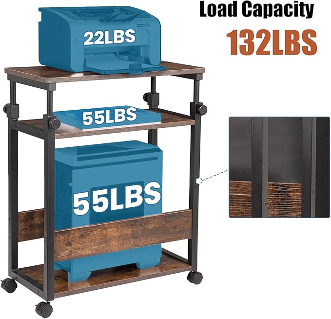 TooCust Height Adjustable Computer Tower Stand, Computer & Machine Carts, PC Tower Stand, Printer Stands with Wheels, 24" W x 12" D x 23"-38" H, Holds Up to 132 lbs (Fits Tower Lower Than 19")