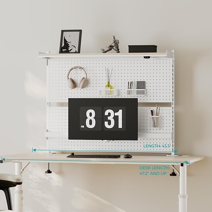 EUREKA ERGONOMIC Desk Pegboard with Dual Monitor Stands, LED Metal Pegboard for Gaming Desk, Privacy Panel with 4 Accessories Modular Hanging, Computer Accessories for Office, 43 x 34 Inch, White