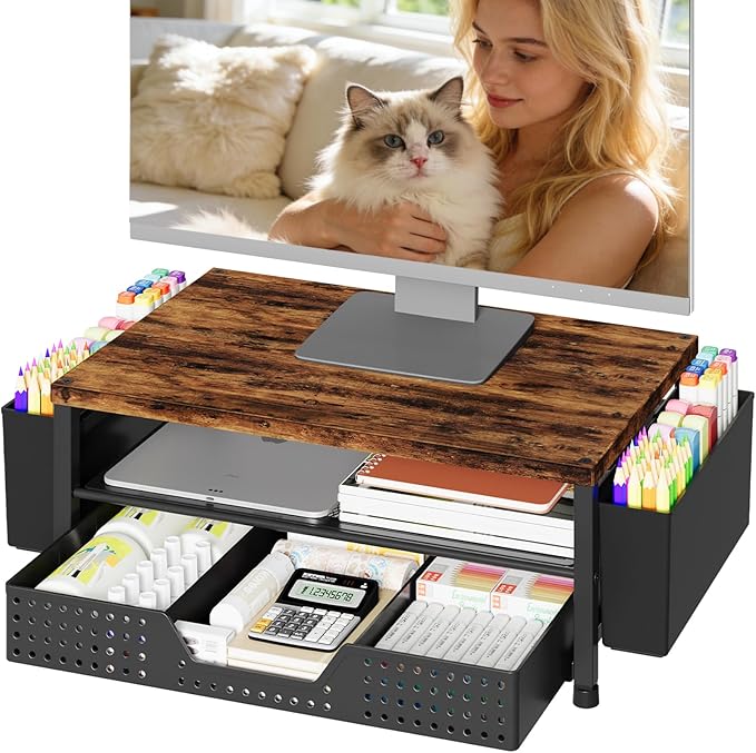 OPNICE Desk Organizers and Accessories, 2-Tier Computer Monitor Stand Riser with Drawer and 2 Pen Holders, Laptop Stand, Office Desk Accessories for Office Supplies, Brown