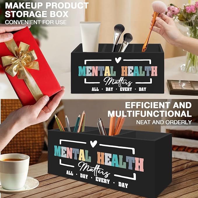 Mental Health Matters Pen Pencil Holder Organizer for Desk Accessories, Therapy Office Decor, Motivational Wooden Box Signs Decorations for Therapist Counseling Office Desk Tabletop