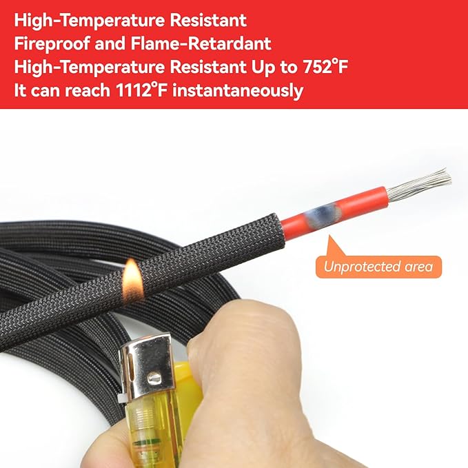 Braided Fiberglass Sleeve, 10ft High Temp Cable Sleeve, Flexible Cable Management Cable Protector for Car Wire Loom Protection (Black, 3/4")