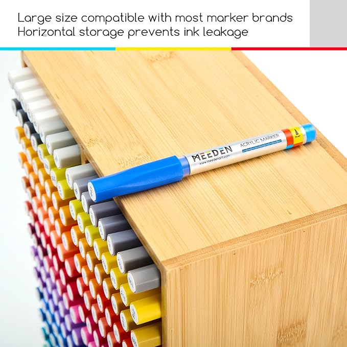 MEEDEN Bamboo Marker Holder Organizer: Holds 126 Pens with 18 Compartments- Art Supply Storage & Holder for Alcohol Markers，Pens，Pencils