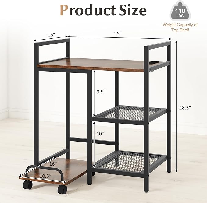 Giantex 3-Tier Printer Stand with Charging Station, 2 Open Storage Shelves, Side PC Stand on Wheels, 25" x 16" Mobile Printer Table for Computer Tower, Printer Shredder, Fax, Under Desk, Home Office