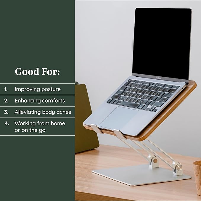 Branch Adjustable Laptop Stand - Portable Wooden Laptop Riser with Customizable Height & Angle - Foldable - Secure Silicon Grips for Home or Office - Woodgrain