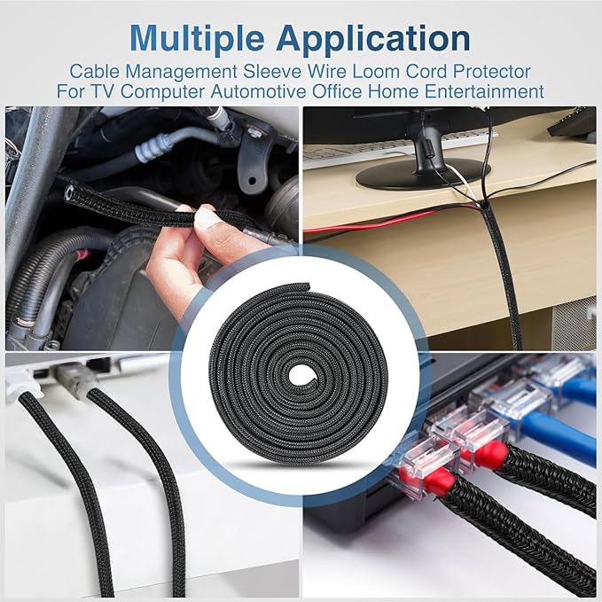 Nilight Cable Sleeve, 10ft-1/4inch Cord Management Sleeves, Braided Sleeving, Split Self Wrapping Wire Loom for Computer Electrical Automotive Harness Protector Organizer, Black