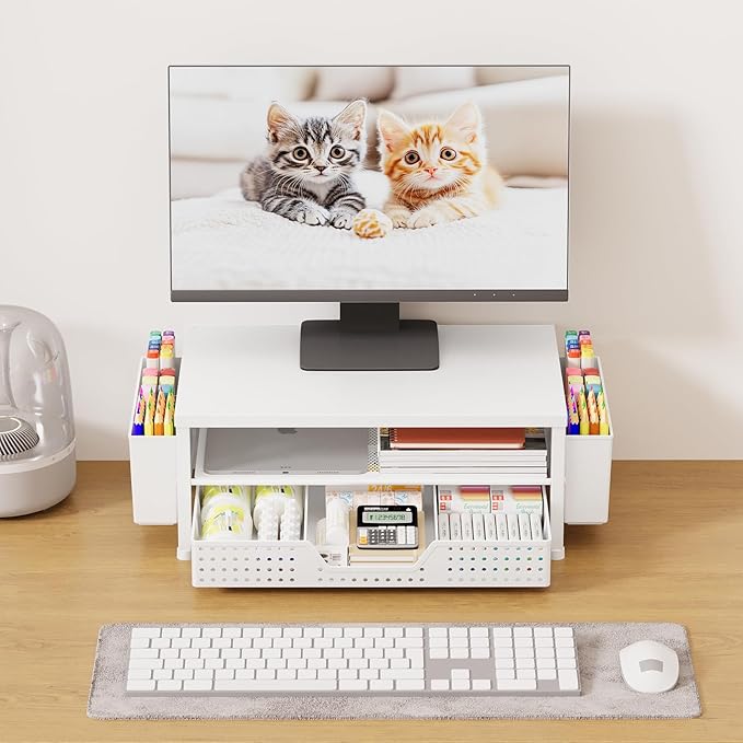 OPNICE Desk Organizers and Accessories, 2-Tier Computer Monitor Stand Riser with Drawer and 2 Pen Holders, Laptop Stand, Office Desk Accessories for Office Supplies, White