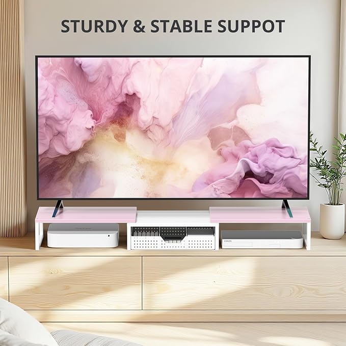 OPNICE Wood Desk Organizers and Accessories, Dual Monitor Stand Riser with Drawer and 2 Pen Holders, Desk Shelf Computer Racks for Office Workspace Organizers, Desktop Organization (Pink＆ White)