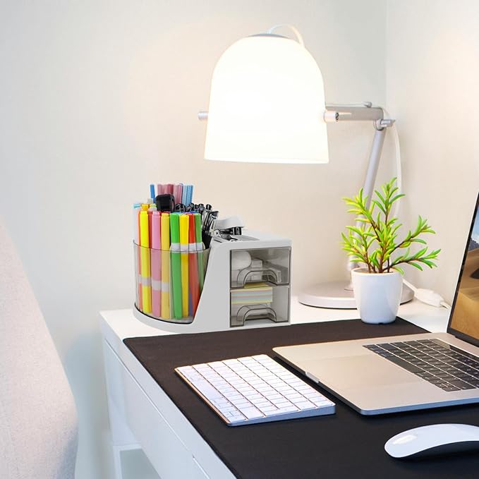 Desk Organizer with Rotating Pencil Pen Holder and 2 Small Drawers, Desk Caddy for Office Workspace Organization and Storage (White)