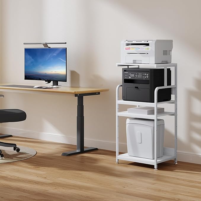 4-Tier White Printer Stand with Wheels, Extra Large Tall Printer Table with Storage Shelf, 4 Tier Printer Cart, Home Printer Stands (White)
