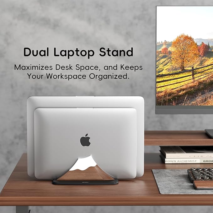 Vertical Dual Laptop Stand - Snow Peak-Shaped Walnut Adjustable Laptop Holder,2 Slots Desktop Dock Compatible with All MacBook, Surface,Chromebook,Dell & More(Walnut)