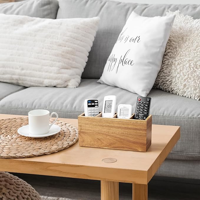 Bivvclaz Pencil Pen Holder for Desk, Acacia Wood Office Desk Organizers and Accessories with 4 Slots for Countertop, Makeup Brush Holder Organizer for Bathroom Vanity, Silverware Caddy for Party