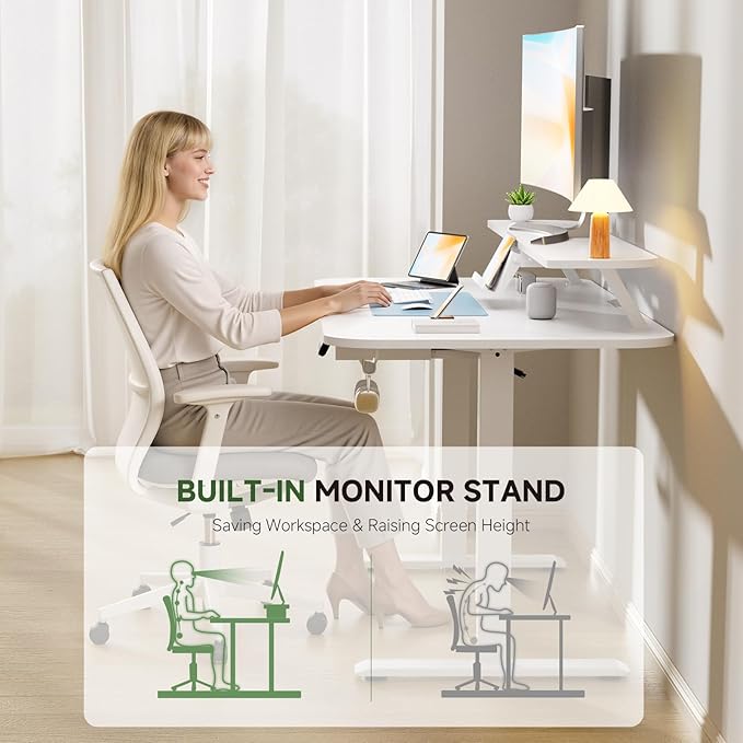 GTRACING Electric Standing Desk with Drawers, 55 x 24 Inches Height Adjustable Computer Desk with Monitor Stand, Laptop Stand, Sit Stand up Desk with Memory Preset for Home, Office, White