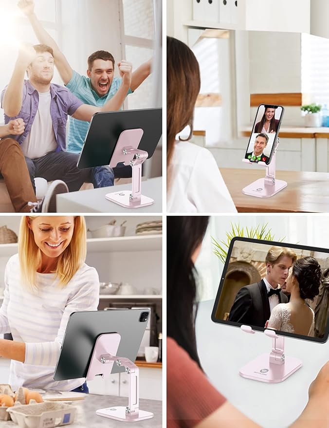 OCYCLONE Phone Stand, Adjustable Height and Angle Foldable Cell Phone Stand Holder for Desk, Taller iPhone Stand Compatible with 4.7"-13" Smartphones iPad Tablet, Pink